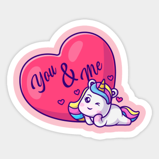 Cute Unicorn With Love Heart Cartoon Sticker